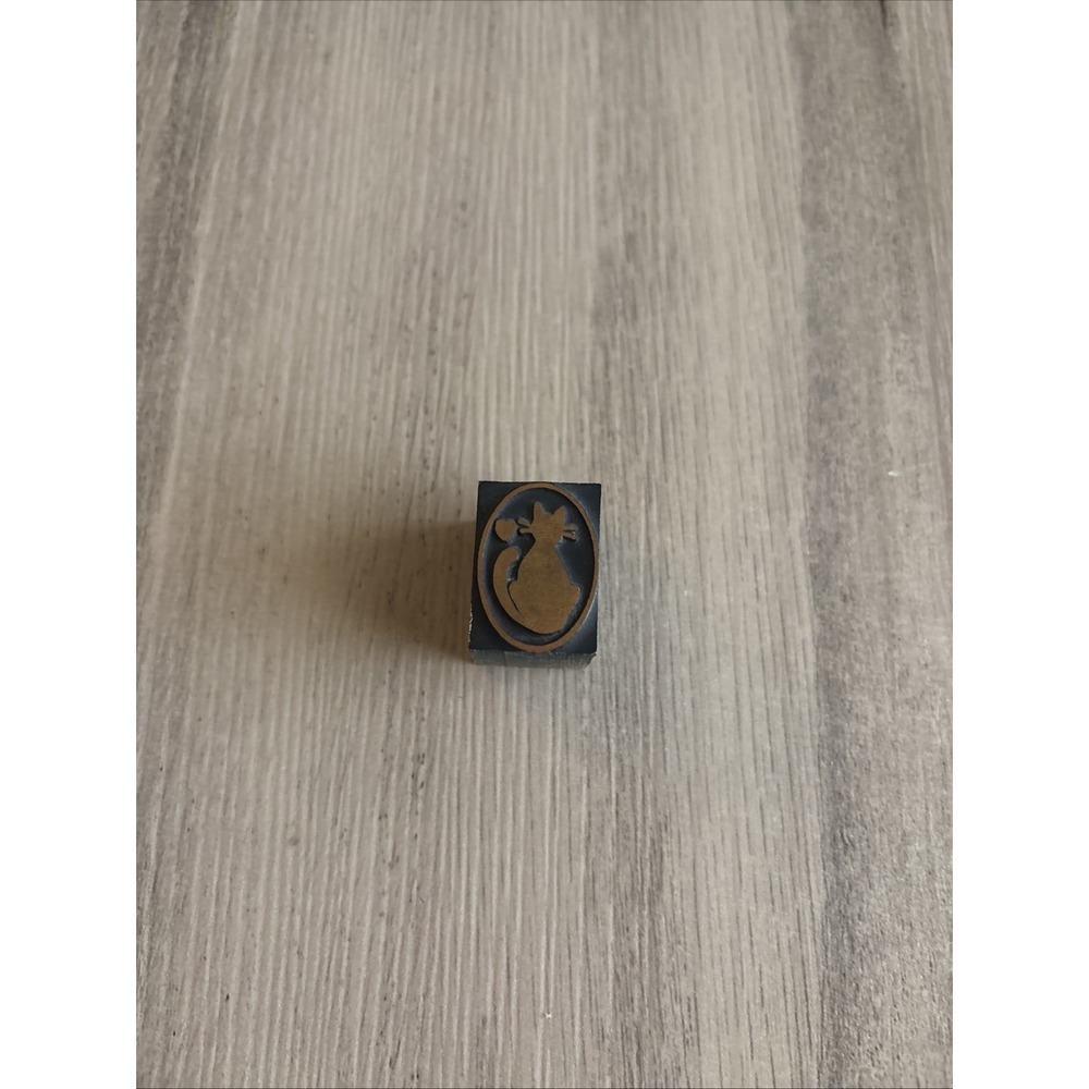 Vintage Metal On Wood Printing Block Black Cat Heart Letterpress Stamp